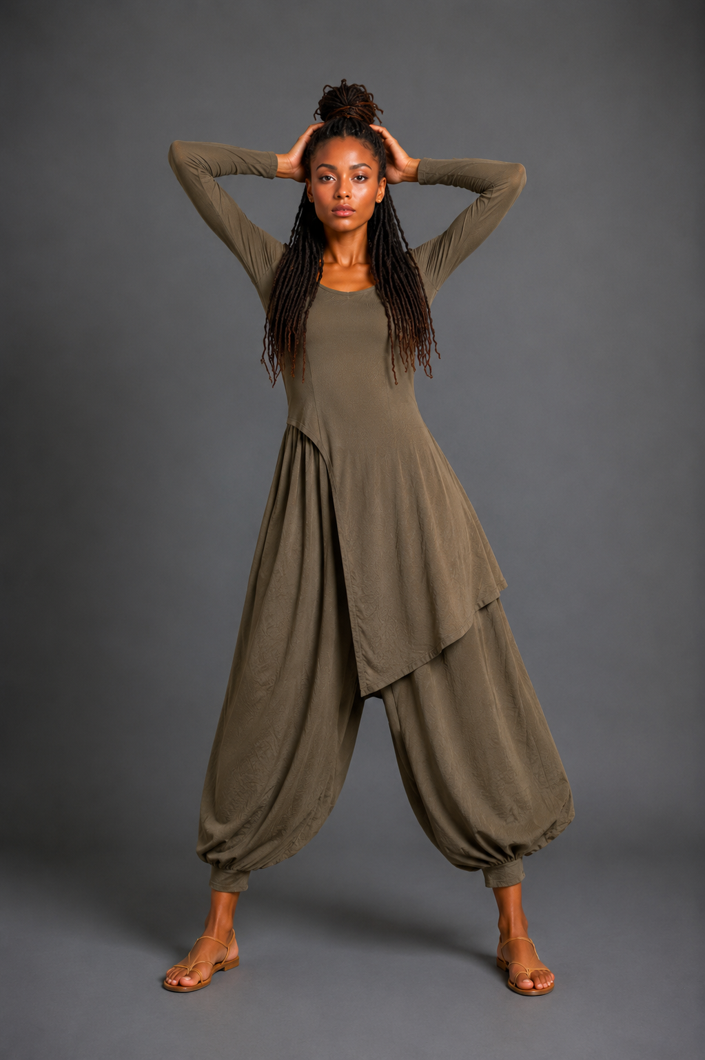 CLRS Woman - Asymmetric Drape Lounge Set - Long Sleeve Tunic + Harem Pants