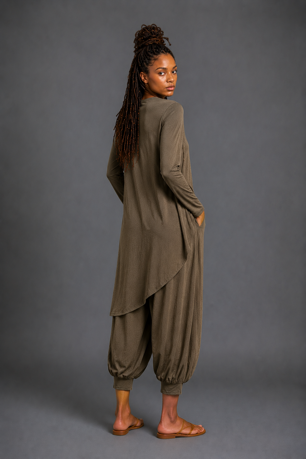 CLRS Woman - Asymmetric Drape Lounge Set - Long Sleeve Tunic + Harem Pants