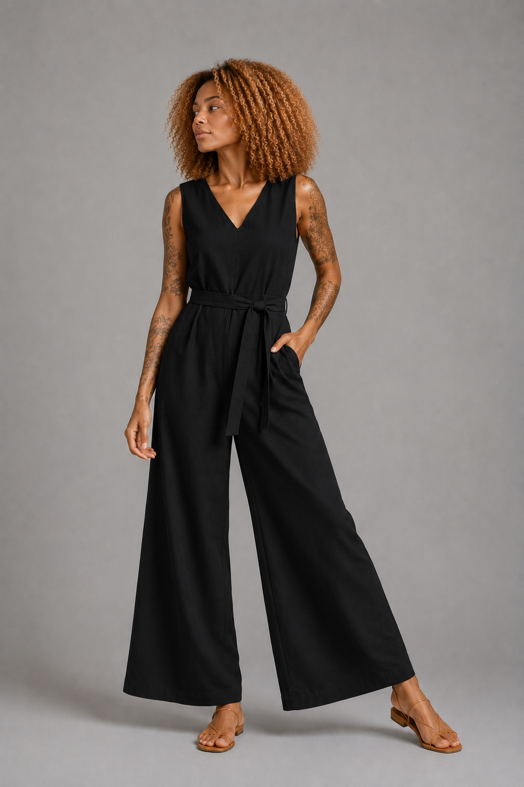 CLRS Woman - Wide Leg Jumpsuit - Minimal Sleeveless Belted One Piece