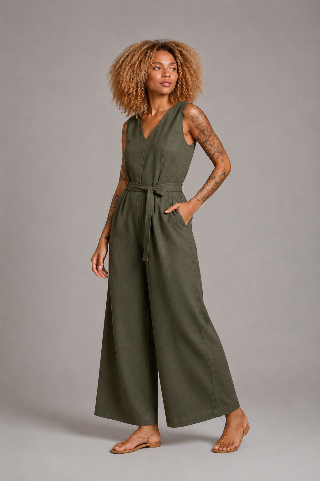 CLRS Woman - Wide Leg Jumpsuit - Minimal Sleeveless Belted One Piece