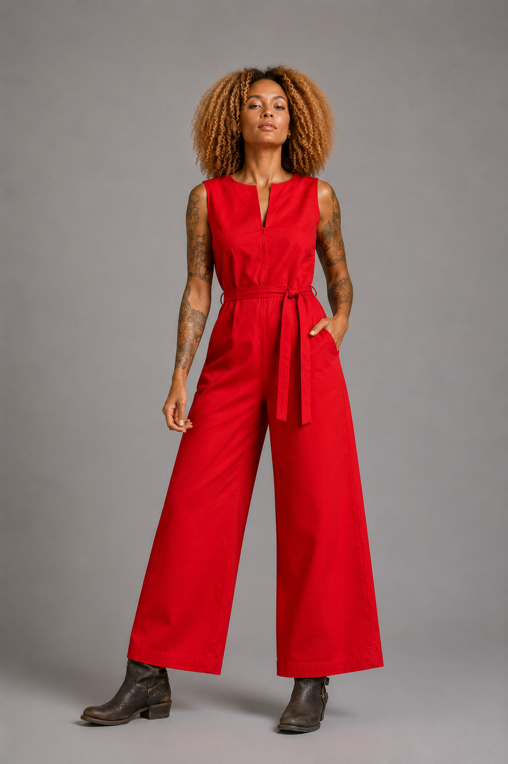 CLRS Woman - Wide Leg Jumpsuit - Minimal Sleeveless Belted One Piece