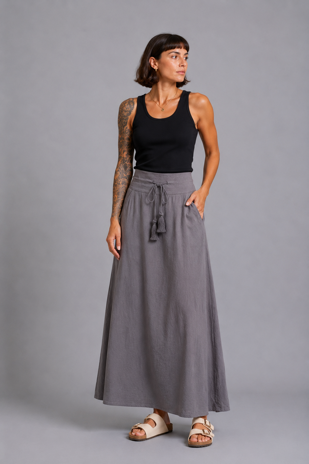 CLRS Woman - Lycra Satin Maxi Skirt - Fluid High Waist Skirt with POCKETS
