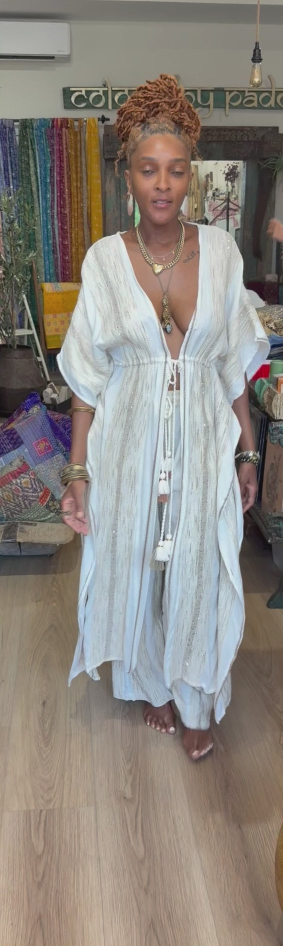 Boho Kaftan Drawstring Pants Set – Heirloom Weave, Soft Feminine Holiday Outfit Flowy Festival Style for Rosh Hashanah & Fall Gatherings