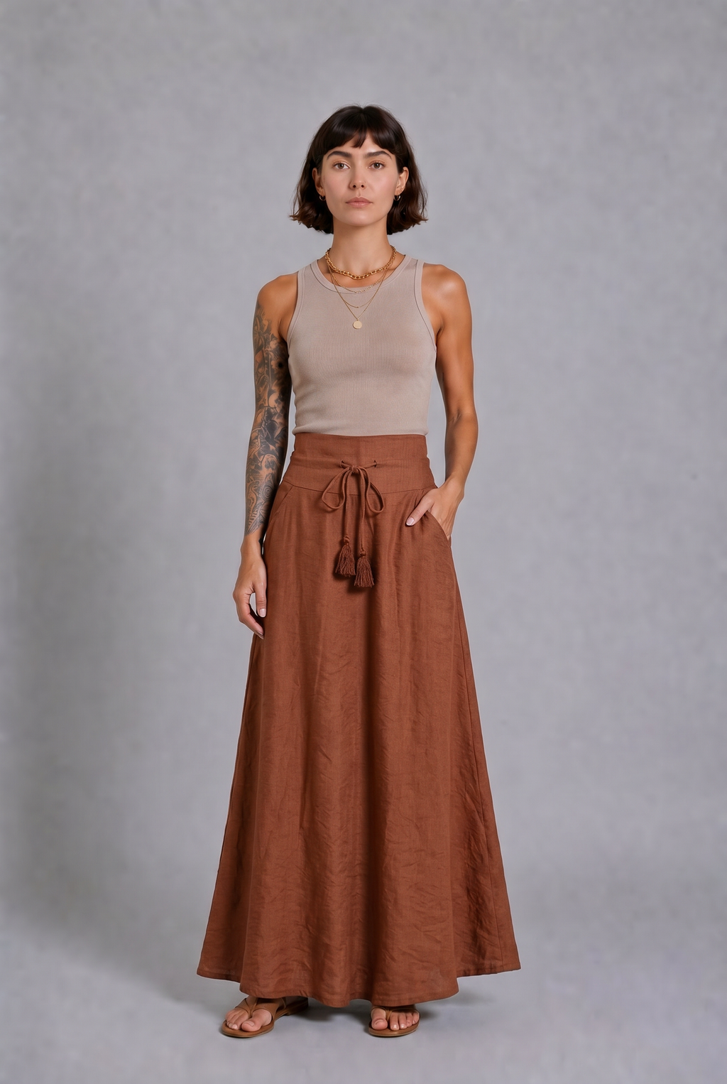 CLRS Woman - Lycra Satin Maxi Skirt - Fluid High Waist Skirt with POCKETS