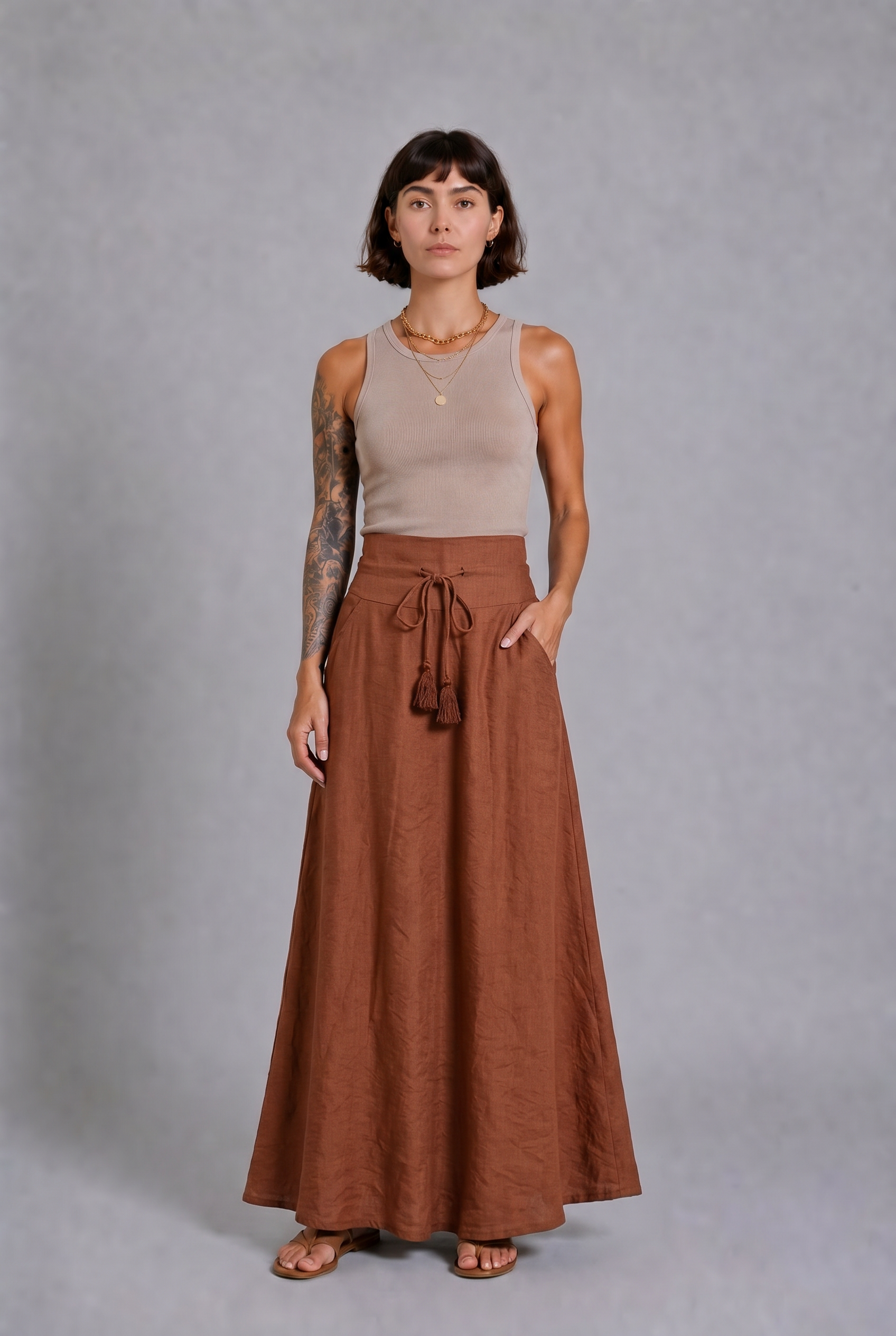 CLRS Woman - Lycra Satin Maxi Skirt - Fluid High Waist Skirt with POCKETS