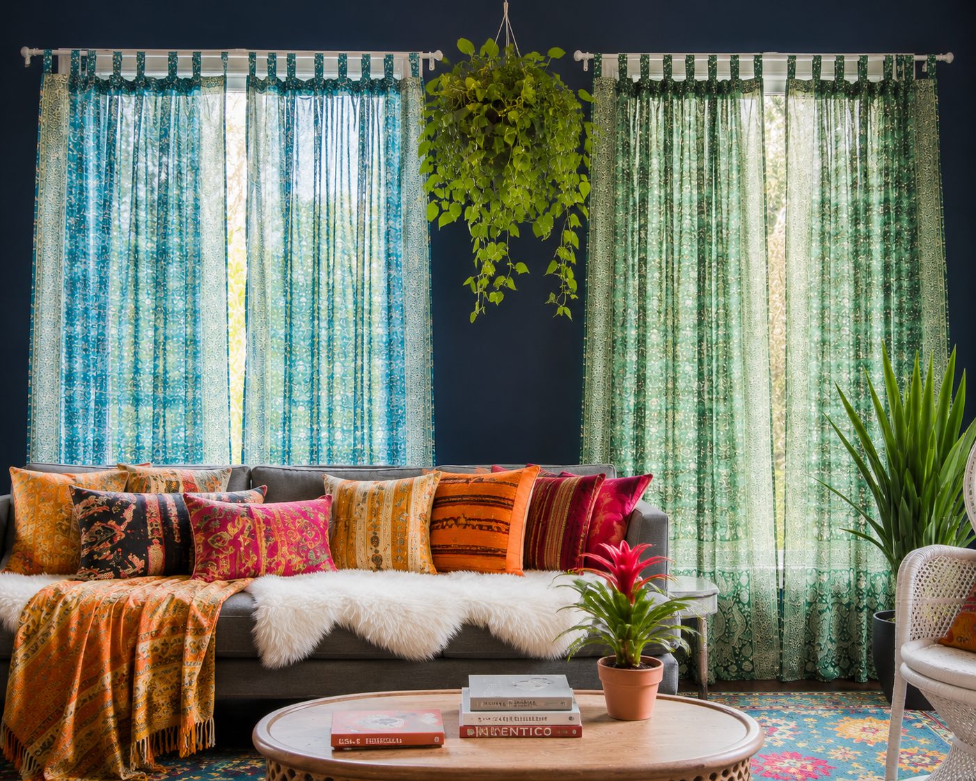 Mixing colors in one space, Pine Green and Teal Sari Lined panels, Curtains Light-Filtering, Boho Window Treatment