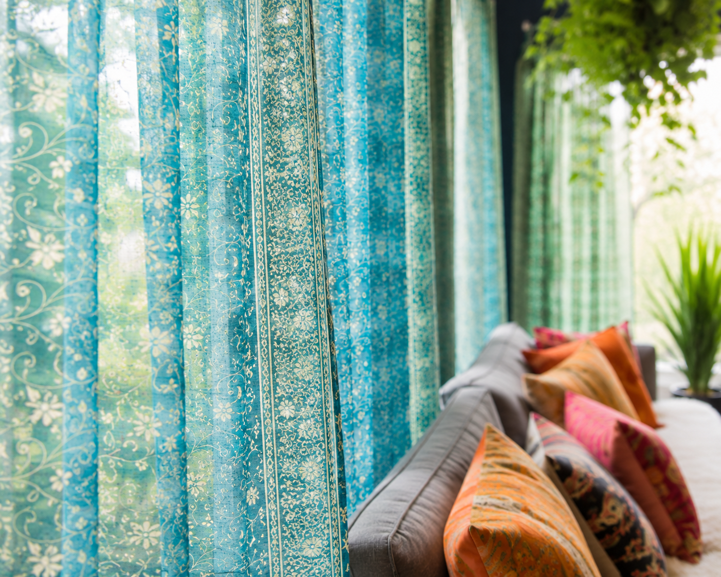 Mixing colors in one space, Pine Green and Teal Sari Lined panels, Curtains Light-Filtering, Boho Window Treatment