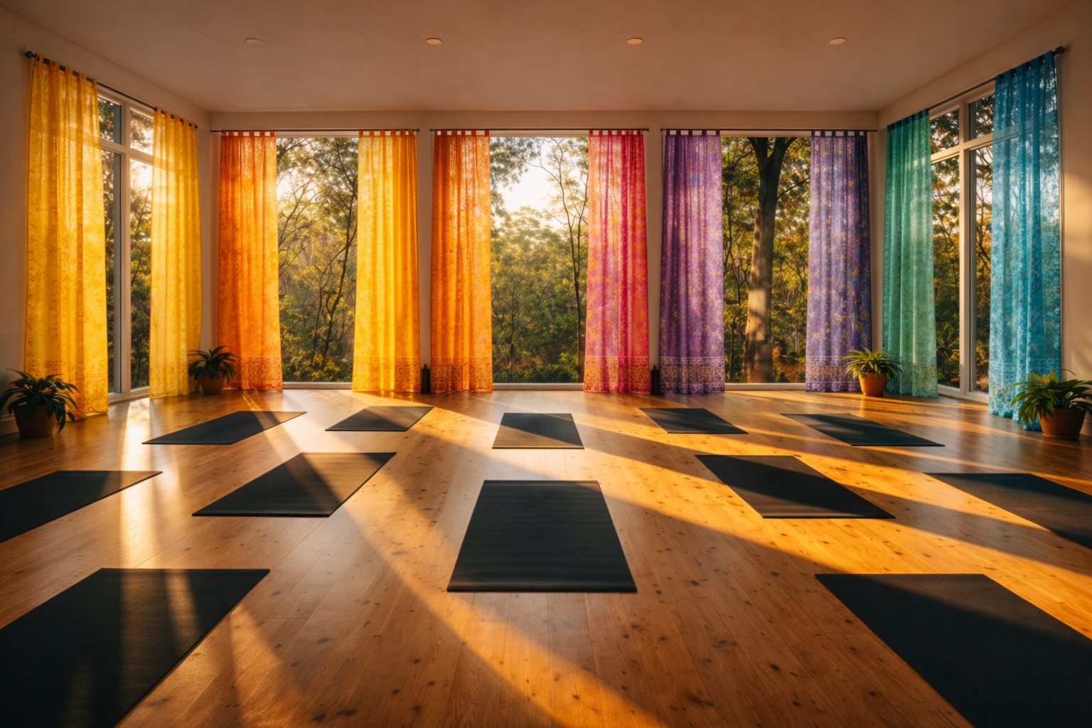Colorful yoga studio with vibrant curtains, Light Filtering Panels, Sari Curtains, Sheer Boho Window Curtains, Chakra colors (Copy)