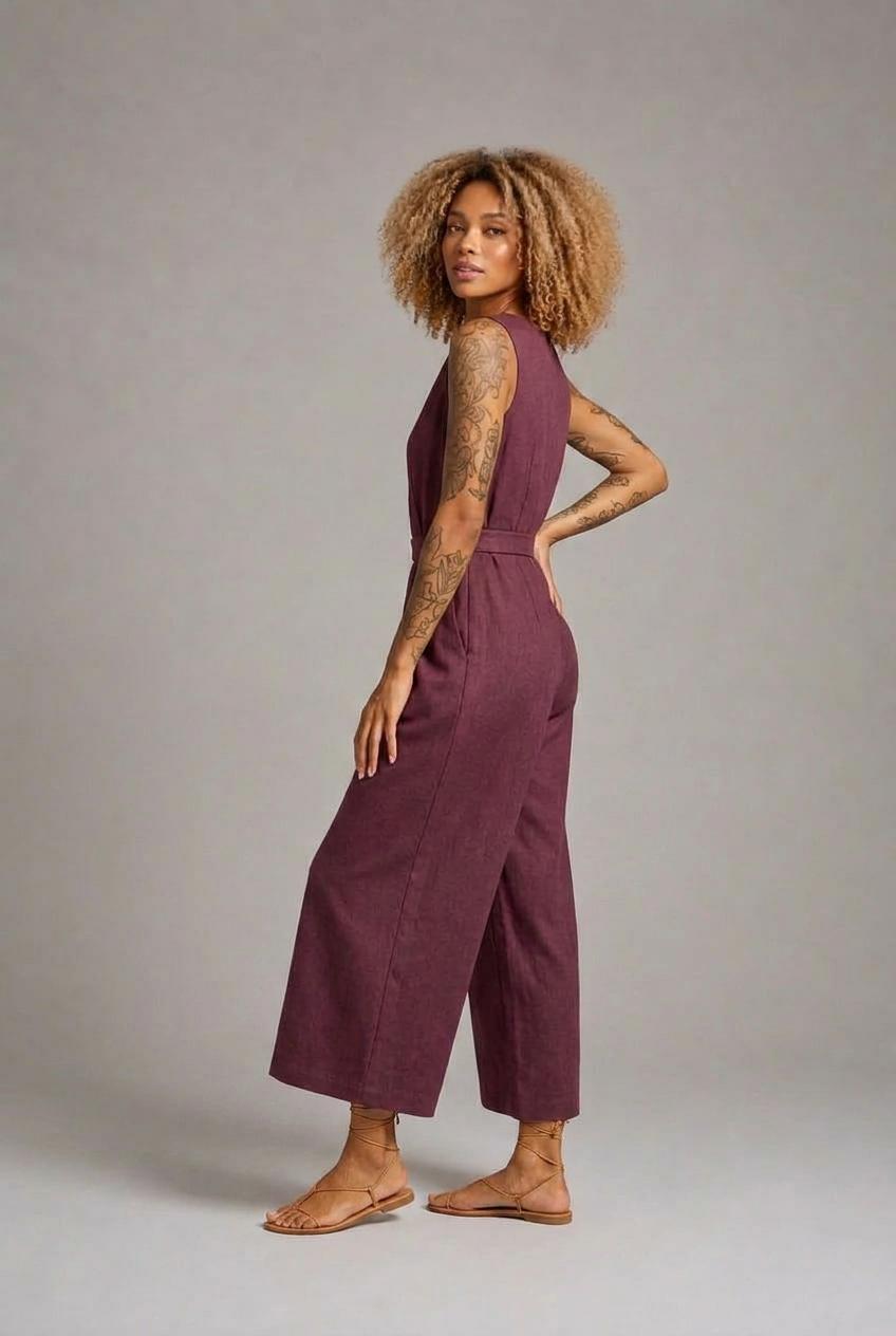 CLRS Woman - Wide Leg Jumpsuit - Minimal Sleeveless Belted One Piece